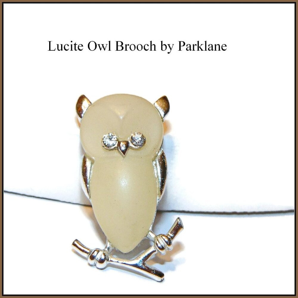 Vintage Park-Lane Lucite Owl Brooch with Rhinestone‎ Eyes